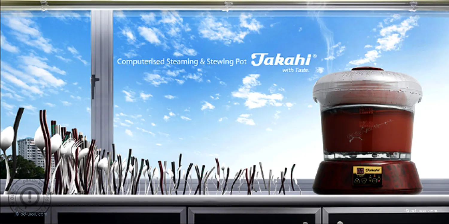 Takahi computerised steaming and stewing pot campaign visual with cutlery against a sky landscape